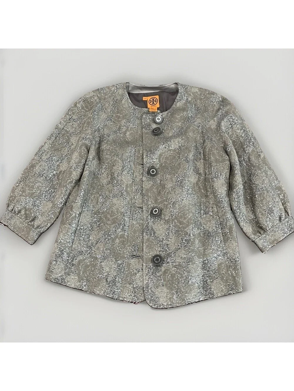 TORY BURCH CROPPED WOMENS METALLIC BLAZER LINEN SILK BLEND SIZE 12 VGC